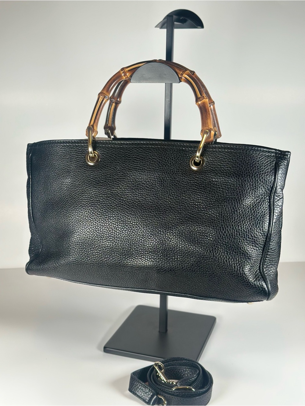 Authentic Gucci Black Leather Shoulder Bag with Bamboo Handles - Picture 3 of 16